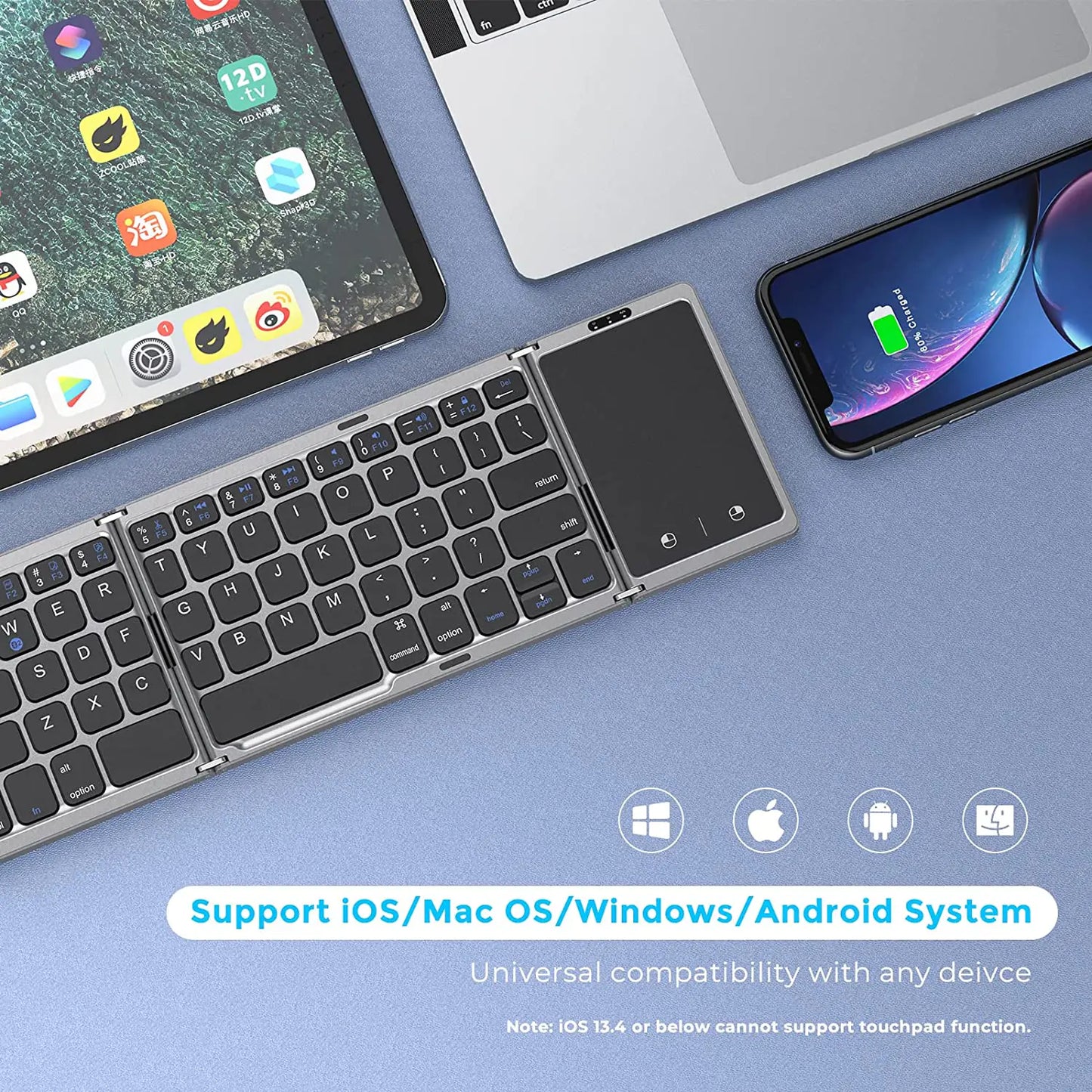 Foldable Rechargeable Wireless Bluetooth Keyboard for PC, Mac, Smartphone Windows, iOS, & Android